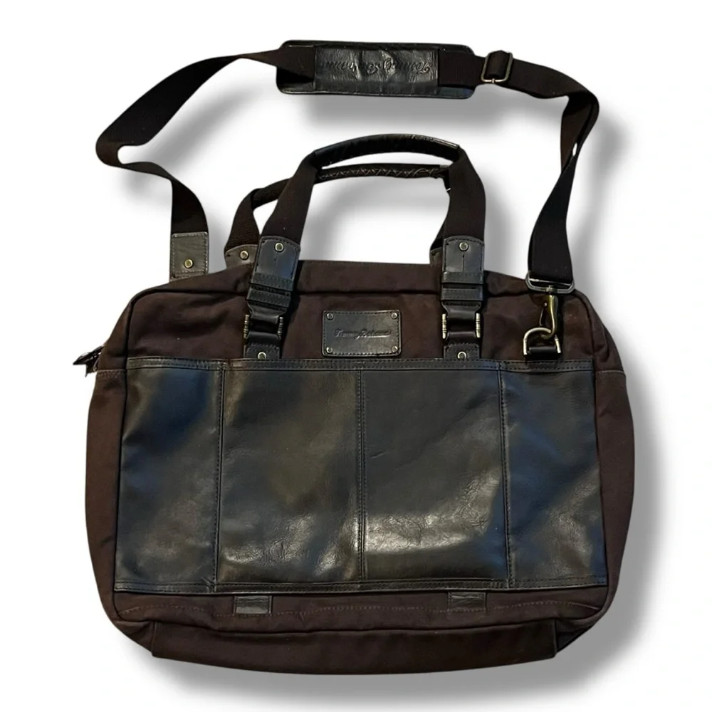 Tommy Bahama Tobago Briefcase Laptop Bag Canvas & Leather Carry Strap Map Lining